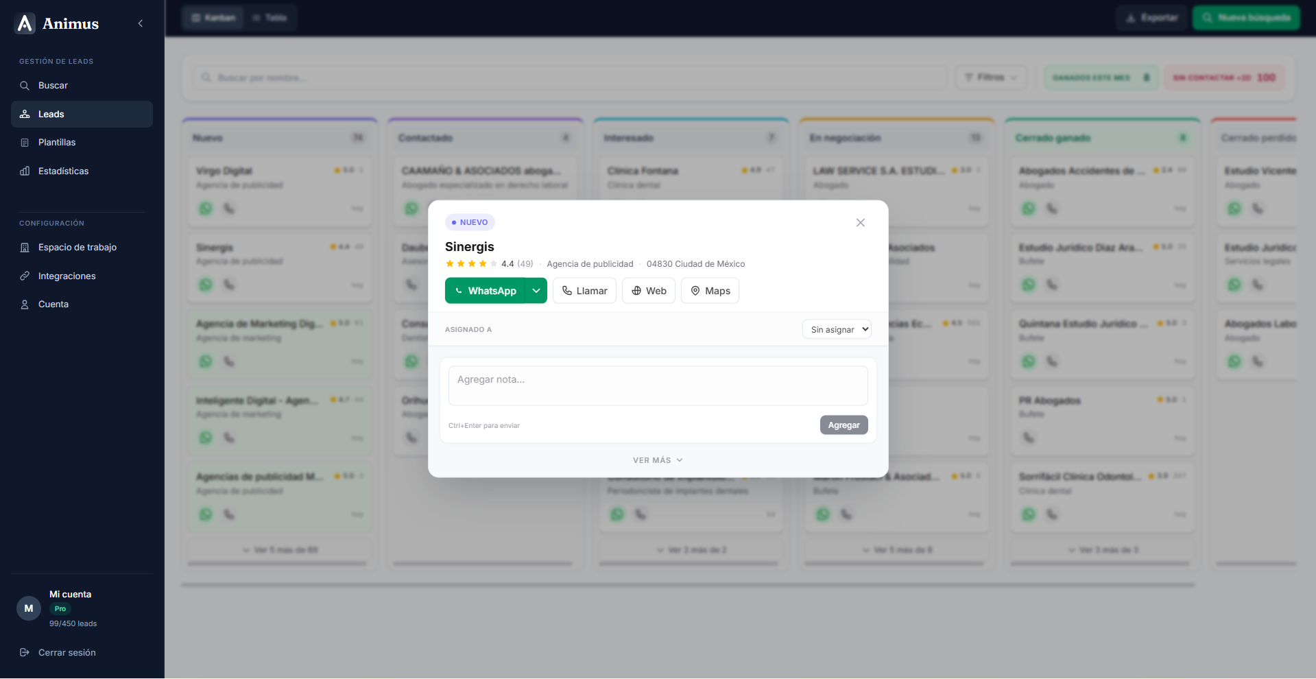 Modal de lead con contacto directo por WhatsApp