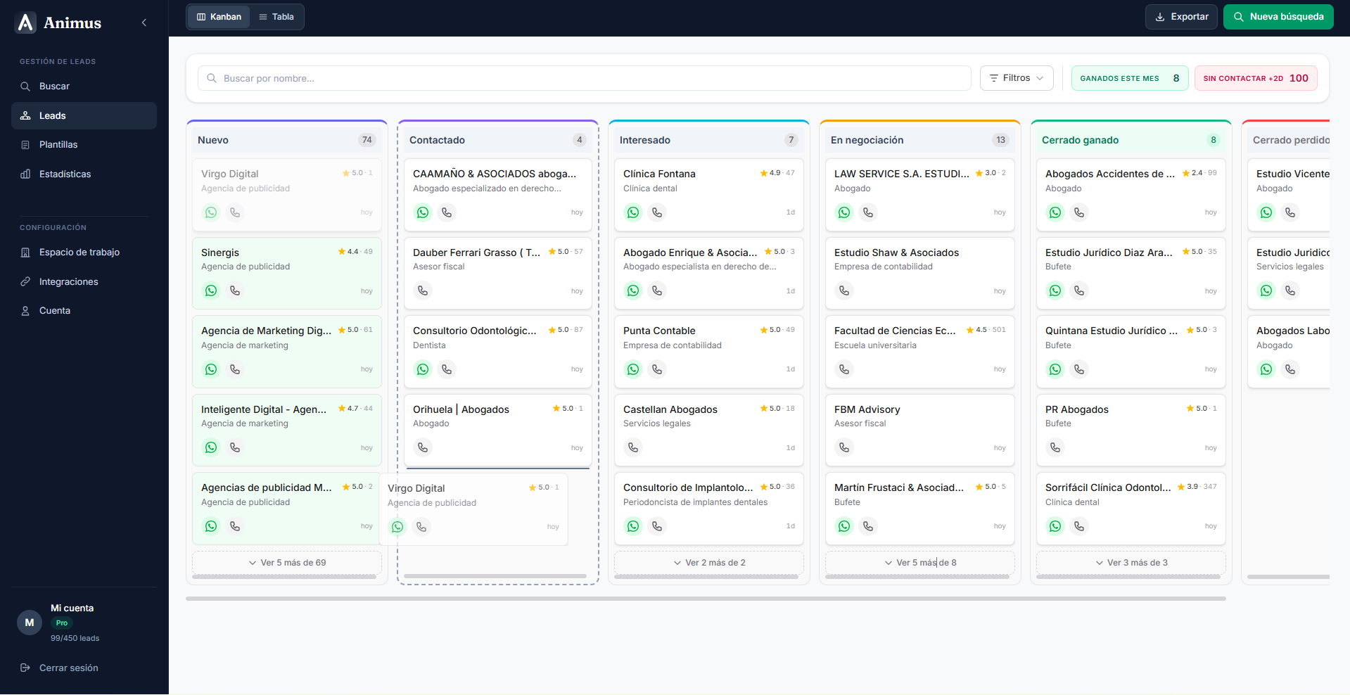 Animus: pipeline Kanban de leads desde Google Maps